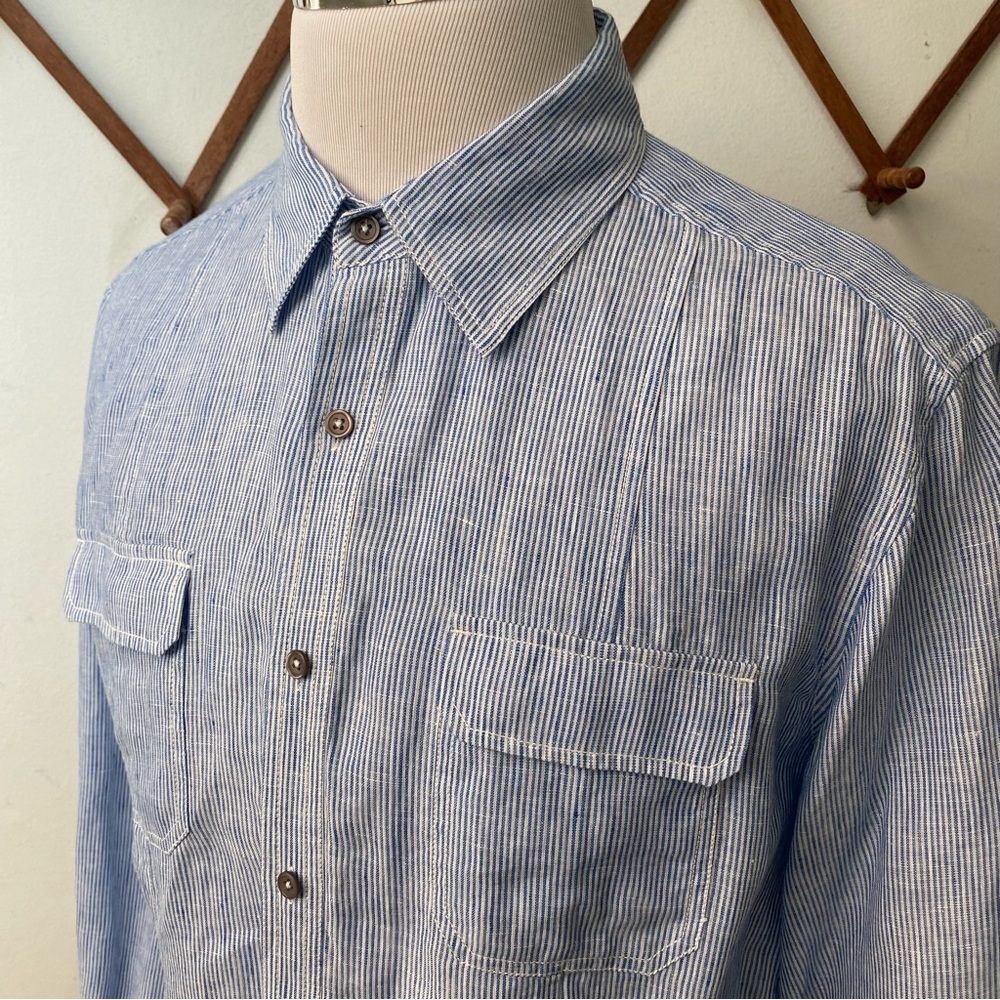 Elie Tahari Linen Pinstriped Button Up Shirt With Pockets - Picture 3 of 16